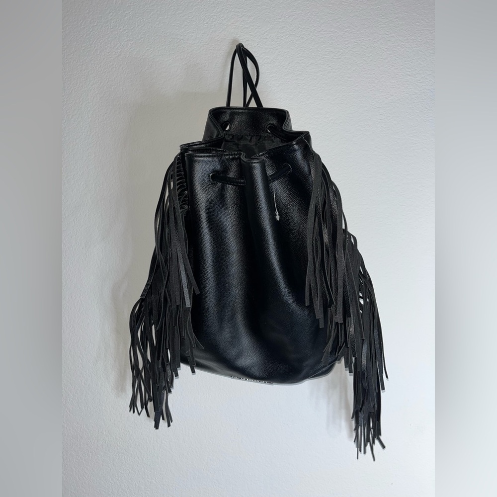 Victoria's Secret Fringe Bucket Bag Drawstring Black Faux Leather Large NWOT - Picture 12 of 16